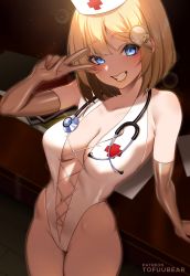 Rule 34 | 1girl, absurdres, bare shoulders, blonde hair, blue eyes, blush, breasts, cross-laced clothes, elbow gloves, gloves, grin, hair ornament, hand up, hat, highleg, highleg leotard, highres, hololive, hololive english, indoors, leotard, navel, nurse, nurse cap, ribs, seductive smile, smile, solo, stethoscope, thighs, tofuubear, v, virtual youtuber, watson amelia