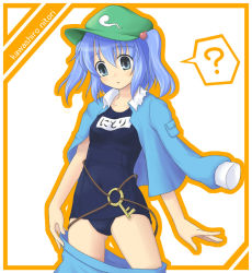 Rule 34 | 1girl, ?, blue eyes, blue hair, bluepony, clothes pull, female focus, hair bobbles, hair ornament, hat, kawashiro nitori, key, matching hair/eyes, one-piece swimsuit, school swimsuit, shirt on shoulders, skirt, skirt pull, solo, swimsuit, swimsuit under clothes, touhou, twintails, two side up