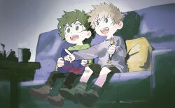 2boys action_figure all_might bakugou_katsuki bandaid bandaid_on_leg black_pants black_shorts blonde_hair boku_no_hero_academia boots brown_eyes child couch cup freckles green_eyes green_hair green_shirt grey_shirt highres konekutozzzzz male_focus midoriya_izuku multiple_boys open_mouth pants pointing shirt shorts smile watching_television