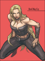 Rule 34 | 1girl, bare shoulders, belt, blonde hair, blue eyes, breasts, capcom, cleavage, corset, devil may cry (series), female focus, large breasts, leather, leather pants, long hair, looking up, midriff, pants, shimizu1123, simple background, solo, squatting, trish (devil may cry), wristband, yohane shimizu