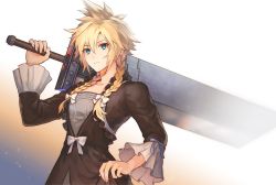 Rule 34 | 1boy, blonde hair, blue eyes, closed mouth, cloud strife, crossdressing, dress, final fantasy, final fantasy vii, long hair, looking at viewer, male focus, sasanomesi, simple background, solo, spiked hair, sword, wall market, weapon
