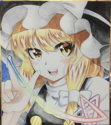 Rule 34 | 1girl, 283win, absurdres, acrylic paint (medium), black hat, blonde hair, blue background, blush, bow, braid, commentary request, hair bow, hat, hat bow, highres, index finger raised, kirisame marisa, looking at viewer, open mouth, painting (medium), photo (medium), shikishi, side braid, single braid, solo, teeth, touhou, traditional media, upper body, upper teeth only, white bow, yellow eyes