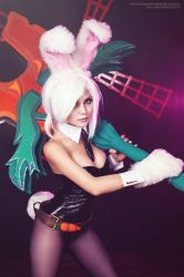 Rule 34 | 1girl, animal ears, belt, breasts, carrot, cleavage, cosplay, fake animal ears, gloves, league of legends, legs, looking at viewer, necktie, pantyhose, photo (medium), playboy bunny, rabbit ears, rabbit tail, riven (league of legends), short hair, sword, tail, weapon, white hair