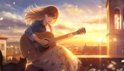 Rule 34 | 1girl, :d, acoustic guitar, backlighting, black cat, brown eyes, brown hair, cat, city, clock, clock tower, cloud, cloudy sky, denim, denim jacket, evening, floating hair, floral print, flower, guitar, highres, holding, holding guitar, holding instrument, instrument, jacket, jewelry, lens flare, long hair, long skirt, mountainous horizon, music, necklace, on roof, open clothes, open jacket, open mouth, original, pendant, petals, playing instrument, print skirt, romiy, rooftop, scenery, sitting, skirt, sky, sleeves past elbows, smile, solo, sunlight, sunset, tower, white flower, wind