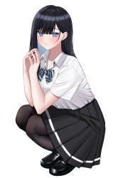 Rule 34 | 1girl, absurdres, black footwear, black hair, black panties, black pantyhose, black skirt, blue eyes, blunt bangs, blush, bow, bowtie, closed mouth, collared shirt, highres, kirin3145, loafers, long hair, long sleeves, looking at viewer, original, panties, pantyhose, pleated skirt, school uniform, shirt, shoes, simple background, skirt, solo, squatting, underwear, white background, white shirt