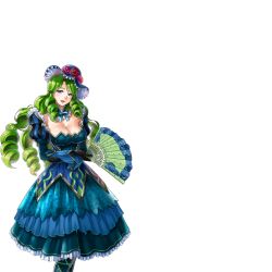Rule 34 | 1girl, blue dress, blue eyes, breasts, cleavage, dress, drill hair, flower, folding fan, gloves, green hair, hand fan, hat, holding, large breasts, long hair, looking at viewer, parted lips, rose, sacred sword princesses, smile, solo, standing, transparent background