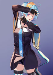 Rule 34 | 1girl, ;p, ahoge, arms up, asymmetrical legwear, bad id, bad pixiv id, blue background, blue hair, blue neckwear, choker, claw pose, coat, collarbone, earrings, eyewear on head, fingerless gloves, girls&#039; frontline, gloves, goggles, goggles on head, head tilt, highres, jewelry, looking at viewer, multicolored nails, nail polish, necktie, off shoulder, one eye closed, orange eyes, orange goggles, short hair, simple background, single earring, striped clothes, striped thighhighs, thighhighs, thighs, tongue, tongue out, tongue tattoo, tsuaaa, uneven legwear, vertical-striped clothes, vertical-striped thighhighs, wide sleeves, zas m21 (girls&#039; frontline)