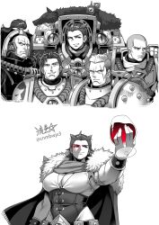 1girl 2024 4boys alcohol armor breastplate breasts casual cleavage cleavage_cutout closed_mouth clothing_cutout cup drinking_glass eyes_of_horus_(warhammer_40k) ezekyle_abaddon full_armor gauntlets genderswap genderswap_(mtf) greaves greyscale highres holding holding_cup horus_lupercal luna_wolves monochrome multiple_boys open_mouth ornate_armor partially_colored pauldrons pelt power_armor primarch ryuusei_(mark_ii) shoulder_armor signature smile terminator_armor twitter_logo twitter_username warhammer_40k white_armor white_background wine wine_glass