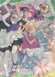 Rule 34 | 2girls, alternate costume, animal ear fluff, animal ears, ankleband, apple, apron, arknights, artist name, barefoot, black dress, blonde hair, blue dress, blue ribbon, book, braid, cherry print, chinese commentary, closed eyes, closed mouth, collar, collarbone, colored tips, commentary, dress, enmaided, flower, food, food print, fox ears, fox girl, fox tail, frilled apron, frills, fruit, hair between eyes, hair ribbon, highres, hugging another&#039;s tail, hugging tail, infection monitor (arknights), kitsune, kyuubi, long hair, lying, maid, maid apron, morte (arknights), multicolored hair, multiple girls, multiple tails, on back, on side, outdoors, pantyhose, pink eyes, pink footwear, pink hair, print dress, puffy short sleeves, puffy sleeves, red medicine, ribbon, shamare (arknights), short hair, short sleeves, stuffed wolf, suzuran (arknights), tail, toes, twin braids, twintails, twitter username, two-tone hair, white apron, white pantyhose