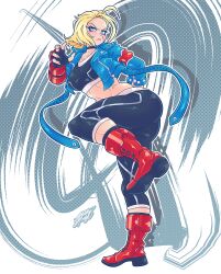 Rule 34 | 1girl, absurdres, ass, black pants, black tank top, blue eyes, blue jacket, blush, boots, breasts, cammy white, crop top, cropped jacket, fingerless gloves, full body, gloves, highres, jacket, large breasts, medium breasts, medium hair, midriff, pants, sketchytodd, solo, standing, standing on one leg, street fighter, street fighter 6, tank top, thighs