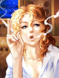 Rule 34 | blonde hair, blue eyes, cigarette, curly hair, smoke, smoking, solo, takeshi