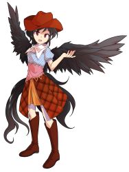 Rule 34 | 1girl, :d, alphes (style), arm up, black hair, black wings, boots, cowboy boots, cowboy hat, dairi, dress, feathered wings, full body, hat, highres, horse tail, kurokoma saki, long hair, looking at viewer, low ponytail, open hand, open mouth, parody, ponytail, red eyes, scarf, smile, solo, style parody, tachi-e, tail, touhou, transparent background, wily beast and weakest creature, wings