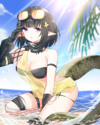 Rule 34 | 1girl, arknights, arm strap, bandeau, bare shoulders, black gloves, black hair, blue sky, blunt bangs, bob cut, breasts, chinese commentary, cloud, commentary request, day, eunectes (arknights), gloves, goggles, goggles on head, hand up, highres, lingshalan, looking at viewer, medium breasts, partial commentary, pointy ears, purple eyes, see-through, seiza, short hair, sidelocks, sitting, sky, snake tail, solo, strapless, tail, thigh strap, thighs, tube top, water, water drop
