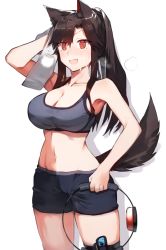 Rule 34 | 1girl, :d, @ @, alternate costume, animal ears, arm up, bad id, bad pixiv id, bare arms, bare shoulders, bike shorts, black hair, black shorts, blush, breasts, cleavage, collarbone, commentary request, cowboy shot, drop shadow, fang, hair between eyes, holding, holding towel, imaizumi kagerou, joy-con, large breasts, long hair, looking at viewer, midriff, navel, nintendo switch, nose blush, open mouth, red eyes, ring-con, ring fit adventure, short shorts, shorts, simple background, skin fang, smile, solo, sports bra, standing, stomach, suminagashi, sweat, tail, tears, thighs, touhou, towel, white background, wolf ears, wolf tail