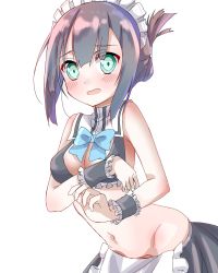 Rule 34 | 1girl, bare shoulders, black hair, black skirt, blue bow, blush, bow, breasts, cleavage, copyright request, covering privates, covering breasts, crotch, embarrassed, green eyes, highres, kawai ritsu (rits meg), looking at viewer, maid headdress, medium breasts, midriff, navel, pleated skirt, short hair, simple background, skirt, solo, white background, wrist wrap