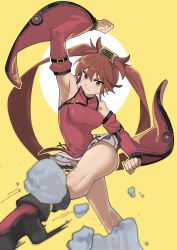 Rule 34 | 1girl, absurdres, armpits, china dress, chinese clothes, detached sleeves, dress, fighting stance, guilty gear, guilty gear xrd, hair rings, highres, kicking, kuradoberi jam, looking at viewer, red dress, rock, sleepy frippy, solo, yellow background