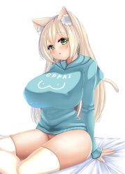 animal_ear_fluff animal_ears blonde_hair blue_hoodie blush breasts cat_ears cat_girl cat_tail covered_erect_nipples english_text green_eyes hair_between_eyes hood hoodie huge_breasts japanese_text kaedeno_yuu long_hair looking_at_viewer no_panties on_bed open_mouth original reimu_nekomusu_(kaedeno_yuu) sitting skindentation tail thick_thighs thighhighs thighs white_thighhighs wide_hips