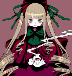 Rule 34 | 00s, 1girl, aqua eyes, blonde hair, blunt bangs, blush, bow, capelet, cup, dress, drill hair, flower, green bow, lips, long hair, looking at viewer, pale skin, pink flower, pink rose, red background, red dress, rose, rozen maiden, sakamoto mineji, saucer, shinku, sidelocks, simple background, smile, solo, steam, tea, twin drills, twintails, very long hair