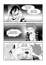 Rule 34 | 3boys, amajiki tamaki, arm behind head, boku no hero academia, cape, comic, commentary request, desk, fat, fat gum (boku no hero academia), fat man, greyscale, hair between eyes, hood, hood up, hooded cape, kirishima eijirou, korean commentary, korean text, long sleeves, looking at another, monochrome, multiple boys, open mouth, paper stack, sharp teeth, short hair, speech bubble, spiked hair, teeth, topless male, translation request, ye oun