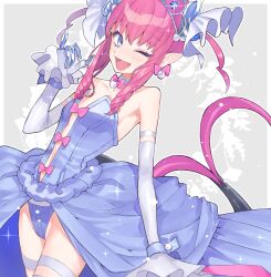 Rule 34 | 1girl, blue eyes, blush, border, bow, choker, collarbone, demon tail, dragon tail, drill hair, drill sidelocks, earrings, elbow gloves, elizabeth bathory (cinderella rider) (fate), elizabeth bathory (fate), elizabeth bathory (fate/extra ccc), eyelashes, fangs, fate/grand order, fate (series), flat chest, gloves, grey background, highres, horns, jewelry, kujiraoka, looking at viewer, official alternate costume, one eye closed, open mouth, pink bow, pink hair, pinky out, pointy ears, sidelocks, solo, tail, thighhighs, tiara, white border