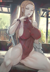 Rule 34 | 1girl, black choker, blonde hair, blue eyes, breasts, choker, cleavage, cleft of venus, closed mouth, coat, collarbone, cowboy shot, creatures (company), earrings, forehead, frown, game freak, half-closed eyes, highres, hoop earrings, jewelry, large breasts, leotard, long hair, looking at viewer, nintendo, oleana (pokemon), open clothes, open coat, parted bangs, pokemon, pokemon swsh, red leotard, shexyo, skirt, sleeves rolled up, solo, thighs, white coat
