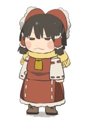 Rule 34 | 1girl, :3, ascot, blush stickers, bow, brown hair, chibi, citrus (place), detached sleeves, full body, hair bow, hair tubes, hakurei reimu, half-closed eyes, ribbon trim, scarf, simple background, skirt, solo, touhou, v-shaped eyebrows, white background