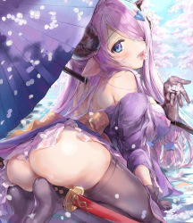Rule 34 | 1girl, absurdres, ass, black thighhighs, blue eyes, breasts, cherry blossoms, draph, fishnet gloves, fishnets, gloves, granblue fantasy, hair ornament, hair over one eye, highres, horns, japanese clothes, katana, kimono, large breasts, light purple hair, long hair, looking back, narmaya (granblue fantasy), narmaya (visions of butterflies) (granblue fantasy), obi, ooluoul, parasol, petals, pointy ears, sash, solo, sword, thighhighs, umbrella, very long hair, water, weapon