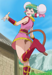 Rule 34 | 1girl, alternate hairstyle, blush stickers, boots, calen (time bokan), double bun, closed eyes, green hair, haruyama kazunori, monkey tail, open mouth, red footwear, short hair, smile, solo, standing, standing on one leg, tail, time bokan (series), time bokan 24