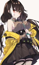 Rule 34 | 1girl, absurdres, blush, breasts, brown hair, brown skirt, commentary request, cowboy shot, diieru, gas mask, girls&#039; frontline, hair between eyes, heterochromia, highres, holding, jacket, large breasts, long hair, long sleeves, mask, mask around neck, multicolored hair, off shoulder, open clothes, open jacket, red eyes, ro635 (girls&#039; frontline), ro635 (mod3) (girls&#039; frontline), simple background, skirt, sleeveless, sleeveless sweater, solo, standing, streaked hair, sweater, twintails, white background, white hair, yellow eyes, yellow jacket