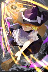 Rule 34 | &gt;:), 1girl, apron, arm up, blonde hair, bow, broom, broom riding, closed mouth, dress, energy, fisheye, flying, full body, hair between eyes, hat, hat bow, highres, holding, kirisame marisa, leaning forward, long hair, looking at viewer, mini-hakkero, riding, short sleeves, smirk, smug, solo, touhou, v-shaped eyebrows, waist apron, witch, witch hat, yellow eyes, yuara