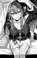 Rule 34 | 1girl, absurdres, azur lane, blush, bra strap, bracelet, breasts, breath, bremerton (azur lane), bremerton (relaxation consultation) (azur lane), button gap, cleavage, collarbone, commentary, crossed bangs, feet out of frame, greyscale, grin, hair between eyes, heart, heart-shaped pillow, highres, indoors, jacket, jewelry, large breasts, long hair, looking at viewer, microskirt, midriff peek, mole, mole on breast, mole under eye, monochrome, navel, navel piercing, off shoulder, official alternate costume, on bed, piercing, pillow, pleated skirt, s ryouchi, sitting, skirt, smile, solo, striped pillow, teeth, thighhighs, zettai ryouiki