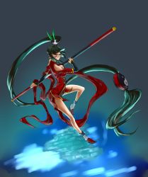 Rule 34 | 1girl, absurdres, arc system works, bare shoulders, black hair, blazblue, blazblue: calamity trigger, breasts, china dress, chinese clothes, dress, female focus, full body, glasses, gradient background, highres, lao jiu, litchi faye ling, long hair, polearm, ponytail, red eyes, solo, staff, very long hair, weapon, zt