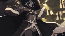 Rule 34 | 1girl, arm guards, black cape, black eyes, black hair, breasts, cape, collared shirt, cowboy shot, from below, hair between eyes, hand on headwear, hat, lansane, long sleeves, looking at viewer, looking down, made in abyss, medium breasts, multicolored hair, ozen, pouch, shirt, short hair, signature, smile, solo, standing, two-tone hair, white hair