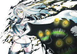 Rule 34 | 10s, 1girl, abyssal ship, ass, black panties, black thighhighs, butt crack, cannon, cape, detached sleeves, glowing, glowing eyes, hand on own head, kantai collection, long hair, looking at viewer, midriff, pale skin, panties, school uniform, serafuku, silver hair, sogabe toshinori, solo, ta-class battleship, thighhighs, underwear, yellow eyes