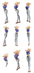 Rule 34 | 1girl, absurdres, android 18, arms behind head, ass, blonde hair, blue eyes, bracelet, breasts, curvy, dragon ball, dragonball z, earrings, feet, flip-flops, full body, highres, hip focus, jewelry, large breasts, looking at viewer, sandals, simple background, thighs, toes, white background, wide hips
