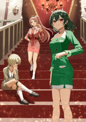 Rule 34 | 3girls, ahoge, belt, black footwear, blonde hair, blue eyes, brown jacket, chandelier, closed mouth, commentary, dark green hair, green jacket, green skirt, hair over one eye, hand on own hip, hand up, head rest, highres, jacket, jewelry, knee strap, kneehighs, light smile, loafers, long hair, looking at viewer, love live!, love live! nijigasaki high school idol club, mifune shioriko, miniskirt, multiple girls, necklace, on stairs, open clothes, open jacket, open mouth, pencil skirt, pink hair, pink jacket, ponytail, purple eyes, r3birth (love live!), red belt, red eyes, scone, shoes, short hair, sitting, sitting on stairs, skirt, skirt pocket, smile, socks, stairs, vroom vroom (love live!), wachida 01d, white footwear, white socks, wing collar, zhong lanzhu
