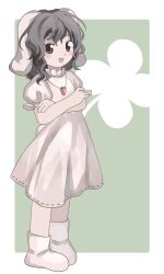 Rule 34 | 1girl, animal ears, black hair, blush, boots, brown eyes, carrot necklace, clover, commentary, crossed arms, dress, flat chest, floppy ears, four-leaf clover, frilled sleeves, frills, full body, green background, grey dress, grey footwear, highres, inaba tewi, jewelry, looking at viewer, medium bangs, medium hair, necklace, open mouth, puffy short sleeves, puffy sleeves, rabbit ears, rabbit girl, rabbit tail, ribbon-trimmed dress, short sleeves, smile, solo, standing, tail, touhou, two-tone background, wavy hair, white background, yamadainari