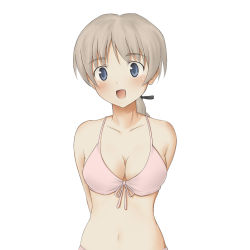 Rule 34 | 00s, 1girl, blue eyes, blush, bra, braid, breasts, brown hair, cleavage, front-tie top, hani, hanyu, lingerie, lynette bishop, medium breasts, navel, panties, simple background, single braid, solo, strike witches, underwear, underwear only, world witches series
