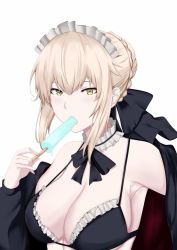 Rule 34 | 1girl, alternate breast size, artoria pendragon (alter swimsuit rider) (fate), artoria pendragon (alter swimsuit rider) (second ascension) (fate), artoria pendragon (fate), bikini, black bikini, black bow, black jacket, blonde hair, bow, braid, breasts, cleavage, collar, deroo, eating, fate/grand order, fate (series), food, french braid, frilled bikini, frilled bikini top, frilled collar, frills, hair between eyes, jacket, large breasts, licking, maid, maid bikini, maid headdress, open clothes, open jacket, popsicle, sideboob, sidelocks, solo, swimsuit, unconventional maid, yellow eyes
