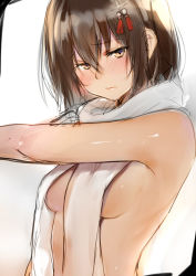 Rule 34 | 10s, 1girl, blush, breasts, brown eyes, brown hair, convenient censoring, isshiki (ffmania7), kantai collection, matching hair/eyes, medium breasts, sendai (kancolle), sendai kai ni (kancolle), short hair, sideboob, sketch, solo, towel, towel around neck, towel over breasts, underboob, white background