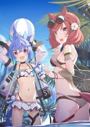 Rule 34 | 2girls, :d, @ @, absurdres, ahoge, animal ears, arms up, ass, ball, beachball, bikini, bikini skirt, blue eyes, blue hair, blue sky, blush, bracelet, breasts, brown eyes, day, eyewear on head, fang, flat chest, flower, hair flower, hair ornament, heterochromia, highres, horse ears, horse girl, horse tail, jacket, jewelry, long hair, long sleeves, looking at viewer, looking back, lr (last remote 514), medium breasts, multiple girls, navel, nice nature (umamusume), open mouth, purple eyes, red hair, see-through, see-through jacket, sharp teeth, skin fang, sky, smile, standing, stuffed toy, sunglasses, swimsuit, swimsuit cover-up, tail, teeth, thigh strap, twin turbo (umamusume), twintails, umamusume, wading