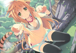 Rule 34 | 1girl, animal ears, bad id, bad pixiv id, bead bracelet, beads, black thighhighs, blush, bracelet, breasts, cat ears, cat tail, cleavage, day, dress, dutch angle, fur, green eyes, jewelry, kneeling, long hair, looking at viewer, medium breasts, murano, orange hair, original, outdoors, paw pose, short dress, short sleeves, solo, sunlight, tail, thighhighs, tiger ears, tiger girl, tiger tail, very long hair, yellow dress