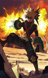 Rule 34 | 1boy, angry, bakugou katsuki, belt, black footwear, black gloves, blonde hair, boku no hero academia, boots, clenched hand, clenched teeth, costume, explosion, explosive, eye mask, ghdwid, gloves, green belt, grenade, highres, looking at viewer, male focus, multicolored clothes, multicolored gloves, open hand, open mouth, outdoors, red eyes, red gloves, red sky, rubble, sand, sky, solo, spiked hair, stepping, teeth, two-tone gloves