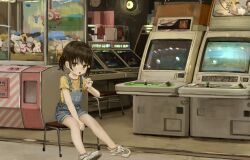 Rule 34 | 1girl, absurdres, arcade, arcade cabinet, between legs, blue overalls, brown eyes, brown hair, candy, child, crane game, flower, food, hair flower, hair ornament, hand between legs, highres, holding, holding candy, holding food, holding lollipop, indoors, lollipop, looking at viewer, miyakawa haruka (namuta), namuta, on stool, original, overall shorts, overalls, shirt, shoes, short sleeves, short twintails, sitting, sneakers, solo, stool, suspenders, t-shirt, tongue, tongue out, twintails, white flower, yellow shirt