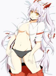 Rule 34 | 1girl, bad hands, bed sheet, black panties, bow, breasts, clothes pull, dress shirt, female focus, fujiwara no mokou, groin, hair bow, hair ribbon, highres, koenza botoke, long hair, looking at viewer, lying, navel, no bra, on back, on bed, open clothes, open mouth, open shirt, panties, pants, pants pull, ribbon, shirt, silver hair, sleeves rolled up, solo, touhou, underwear, wavy mouth, white background, yellow eyes