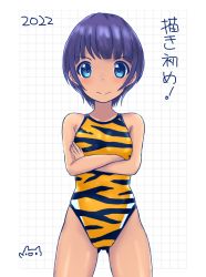 Rule 34 | 1girl, animal print, black hair, blue hair, commentary request, competition swimsuit, cowboy shot, crossed arms, gluteal fold, logo, looking at viewer, one-piece swimsuit, original, short hair, simple background, solo, split mouth, swimsuit, tiger print, translation request, white background, yellow one-piece swimsuit, yonesuke (yonesukesuke)