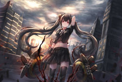 Rule 34 | 1girl, arm up, armor, armored boots, aura, bad id, bad pixiv id, black footwear, black gloves, black hair, black serafuku, black skirt, black thighhighs, boots, bow, bowtie, building, closed mouth, cloud, cloudy sky, commentary, debris, floating, floating hair, floating object, floating weapon, from below, girls&#039; frontline, gloves, hair bun, hand in own hair, horns, lens flare, long hair, looking at viewer, lunacle, midriff, navel, ouroboros (girls&#039; frontline), outdoors, pale skin, pleated skirt, red eyes, rooftop, sangvis ferri, scenery, school uniform, serafuku, serious, single hair bun, skirt, sky, skyscraper, solo, standing, thighhighs, twilight, very long hair, weapon, white bow, white bowtie, wind, window, zettai ryouiki