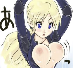 Rule 34 | 1girl, artist request, blonde hair, blue eyes, breasts, gradient background, jill valentine, nipples, resident evil, solo, tagme
