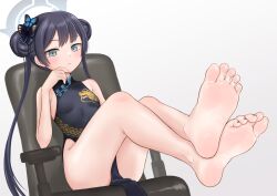 Rule 34 | 1girl, barefoot, blue archive, chair, chinese clothes, double bun, feet, foreshortening, hair bun, kisaki (blue archive), light blush, long hair, looking at viewer, office chair, soles, swivel chair, toes, twintails