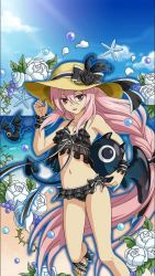 Rule 34 | 10s, 1girl, absurdly long hair, artist request, beach, bikini, black bikini, black bow, black flower, bow, braid, collarbone, day, flat chest, flower, frilled bikini, frills, groin, hair bow, hat, hat flower, krul tepes, long hair, looking at viewer, nail polish, navel, ocean, open mouth, outdoors, owari no seraph, pink hair, pink nails, pointy ears, red eyes, smile, solo, straw hat, sun hat, swimsuit, very long hair, white flower, wrist cuffs, yellow hat
